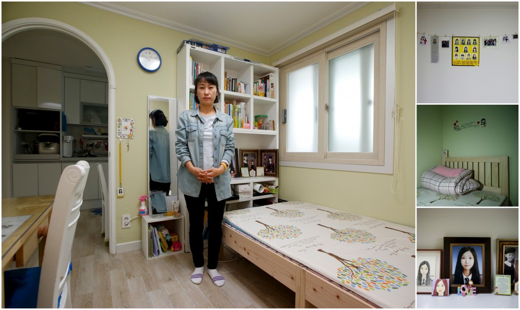 Kim Yu-jeong, mother of Jeon Ha-yeong, a high school student who died in the Sewol ferry disaster, poses for a photograph in her daughter's room, as well as details of objects, in Ansan April 7, 2015. Kim said: "I wish our country could make us feel like it is protecting us. I want to tell Ha-yeongs younger sister about my proud country but I cant these days. We, as adults, have a duty to protect our children. I hope our children grow up well and lead our country in a right direction." Photo by Kim Hong-Ji/Reuters