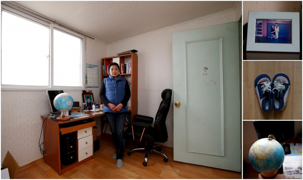 A combination picture shows Lee Hye-kyung, mother of Jeon Hyeon-tak, a high school student who died in the Sewol ferry disaster, as she poses for a photograph in her son's room, as well as details of objects, in Ansan April 8, 2015. Lee said: "Hyeon-tak's body was discovered on May 1. How could I say even a word in front of such a deep sorrow. I don't have any passion for my life. I raised him with all my heart". "Hyeon-tak, thank you for the life you spent with me. Photo by Kim Hong-Ji/Reuters