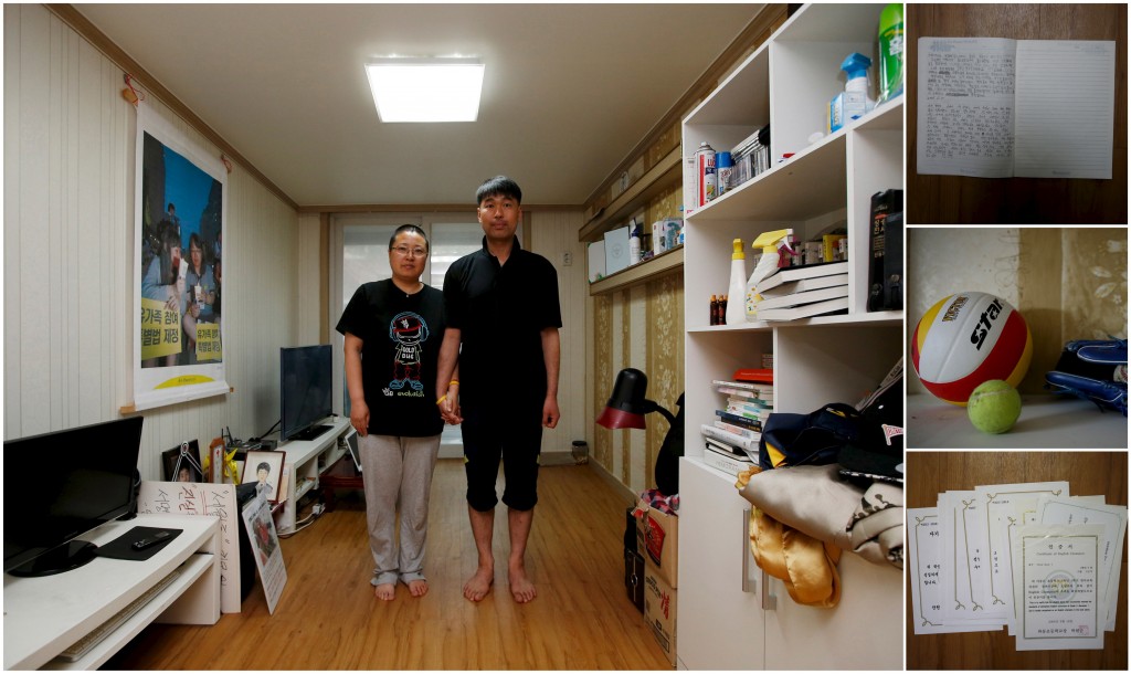 A combination picture shows Kim Young-lae (R) and Kim Sung-sil, parents of Kim Dong-hyuk, a high school student who died in the Sewol ferry disaster, as they pose for a photograph in their son's room, as well as details of objects, in Ansan April 8, 2015. Kim Young-lae said: "A thorough investigation is needed, and wrongdoers should be punished. This kind of accident might happen again, if we don't know why it happened." Photo by Kim Hong-Ji/Reuters