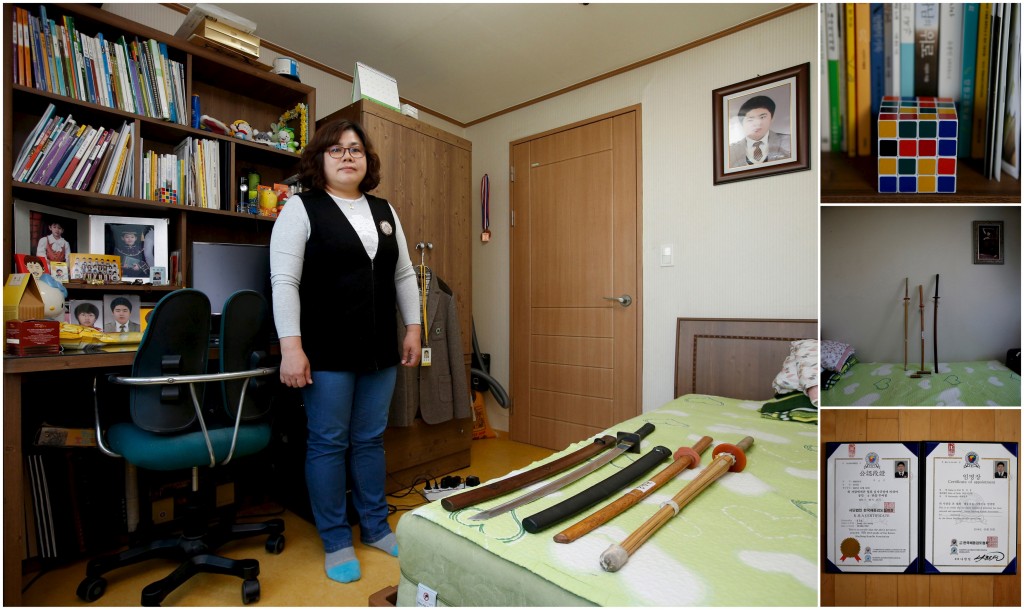 Kim Youn-sil, mother of Jeong Cha-woong, a high school student who died in the Sewol ferry disaster, poses for a photograph in her son's room, as well as details of objects, in Ansan April 8, 2015. Kim said: "I feel so sorry for Cha-woong and miss him so much. Those children who stayed calm in the ferry at the last moment and worried for us were better than us. I dont have confidence in my country any more. I want to move abroad, if my oldest child feels okay with it." Photo by Kim Hong-Ji/Reuters