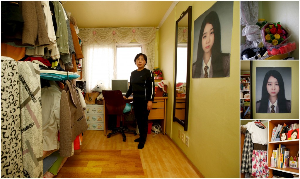 A combination picture shows Ahn Myeong-mi, mother of Moon Ji-sung, a high school student who died in the Sewol ferry disaster as she poses for a photograph in her daughter's room as well as details of objects, in Ansan April 7, 2015. Ahn said: "My perspective on my country has changed. I thought my country was good. I prayed for it. However, after the disaster, I could not pray for a while." Photo by Kim Hong-Ji/Reuters