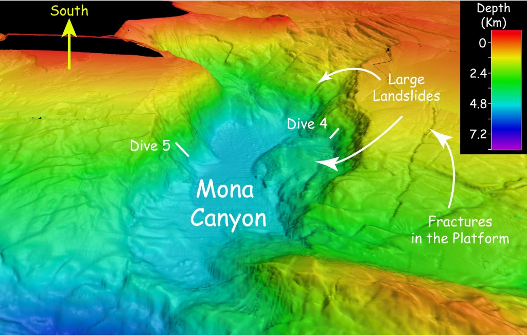 Okeanos mapped an ancient landslide in the Mona Canyon off the coast of Puerto Rico in the spring of 2015. Scientists aren't sure how old it is, but it could have been caused by an earthquake that generated a deadly tsunami in Puerto Rico in 1918. Image courtesy of NOAA Okeanos Explorer Program, Oceano Profundo 2015. 