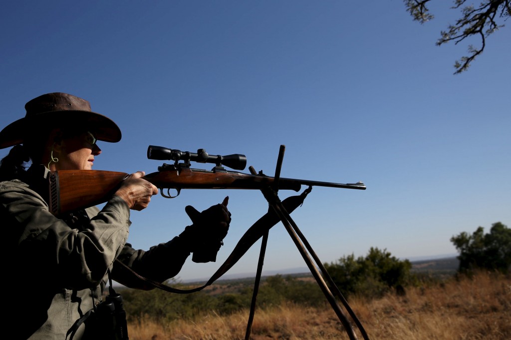 Professional hunter CEO of PHASA (Professional hunters association of South Africa), Adri Kitshoff, takes aim during a hunt for game at the Iwamanzi Game Reserve in Koster, in the North West Province, June 6, 2015. Africa's big game hunting industry helps protect endangered species, according to its advocates. Opponents say it threatens wildlife. Now a mooted change in regulations in the United States could affect the number of foreigners who come to Africa to hunt big game, damaging the industry and possibly hurting wildlife. Picture taken June 6, 2015. REUTERS/Siphiwe Sibeko - RTX1G43M