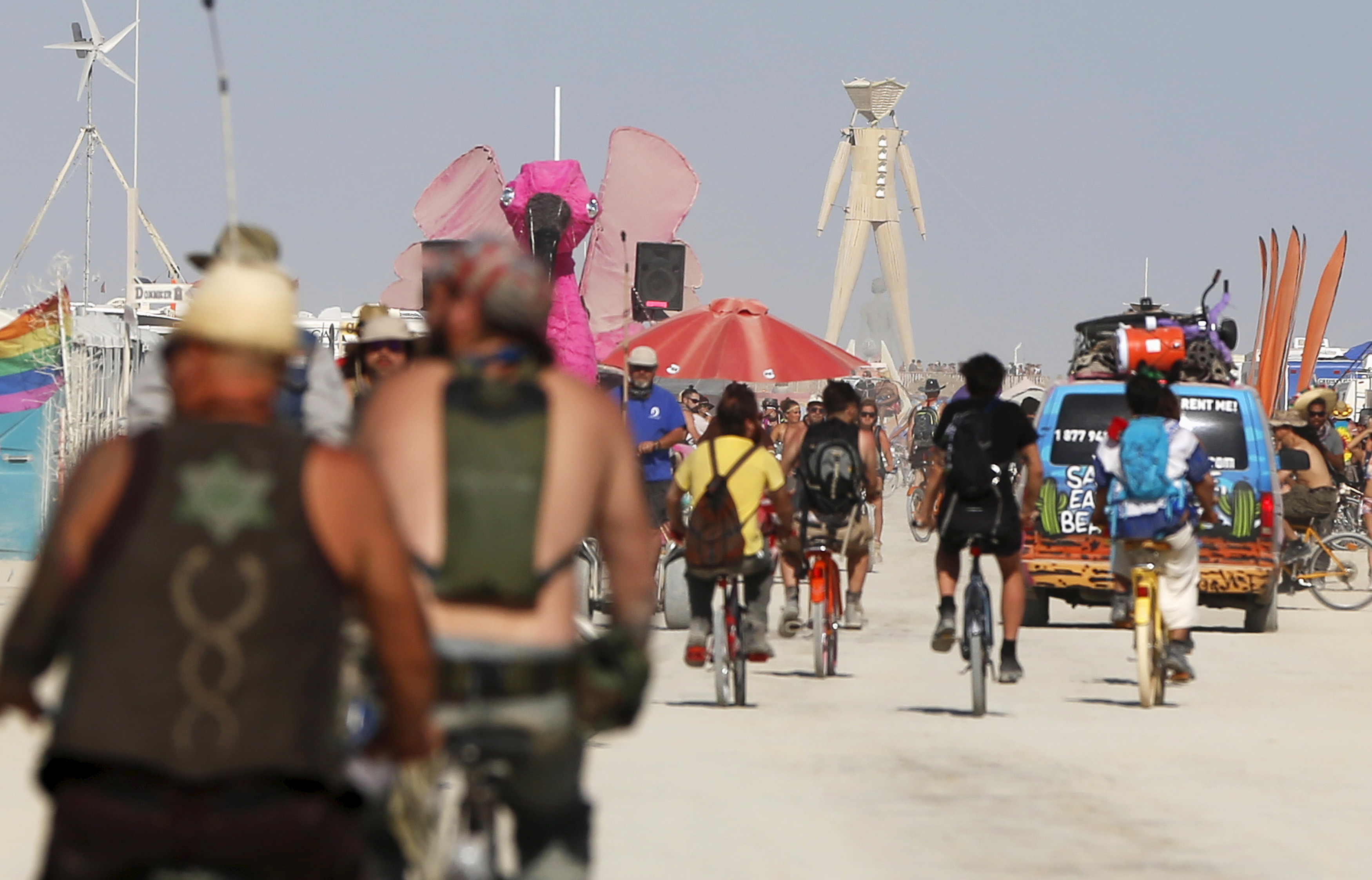 Bikes are a popular mode of transportation at the week-long summertime Burning Man festival in the Black Rock Desert of Nevada. Photo by Jim Urquhart/Reuters