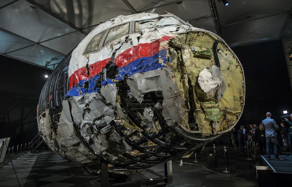 The reconstructed wreckage of the MH17 airplane is seen after the presentation of the Dutch Safety Board's final report into the July 2014 crash of the Malaysia Airlines plane over conflict-torn Ukraine. Photo by Michael Kooren/Reuters