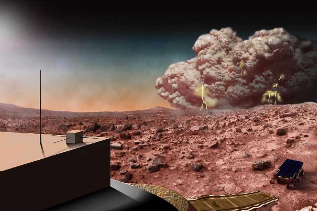 This artists concept illustrates a Martian dust storm, which might also crackle with electricity. Photo by NASA