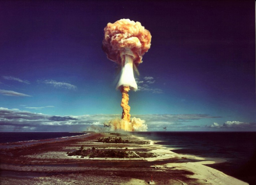 A mushroom cloud after the explosion of a French atomic bomb above the atoll of Mururoa, 1971. Photo by Galerie Bilderwelt/Getty Images