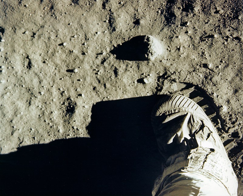 Buzz Aldrin's boot and footprint in lunar soil. Image courtesy of NASA History Office and the NASA JSC Media Services Center