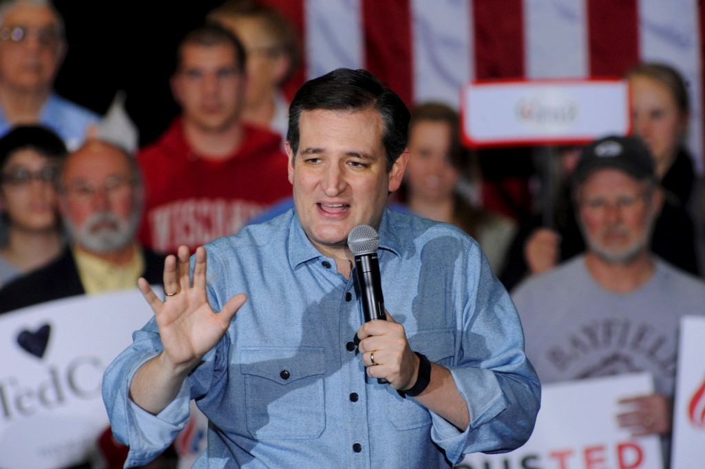 U.S. Republican presidential candidate Ted Cruz speaks at a campaign rally in Rothschild, Wisconsin on March 28. Photo by Mark Kauzlarich/Reuters