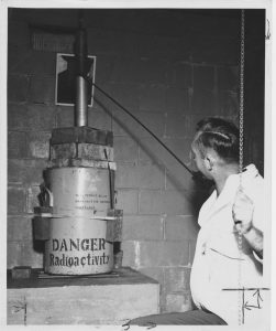 Early eradication programs in the 1950s involved sterilizing male screwworm flies with cobalt-60 gamma ray radiation. Dr. Edward F. Knipling (pictured) and Dr. Raymond C. Bushland pioneered the technique. Photo by USDA Agricultural Research Service