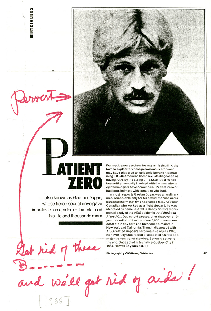 An annotated clipping sent to San Francisco AIDS Foundation of a People Magazine story about Gaëtan Dugas circa 1988. Photo via NIH