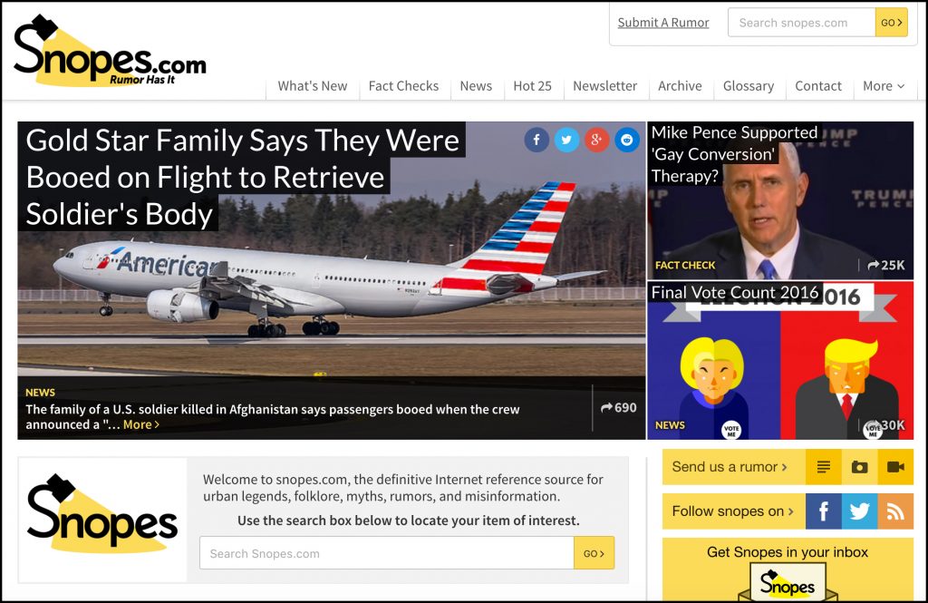 A screenshot of the Snopes.com homepage on November 21, 2016.