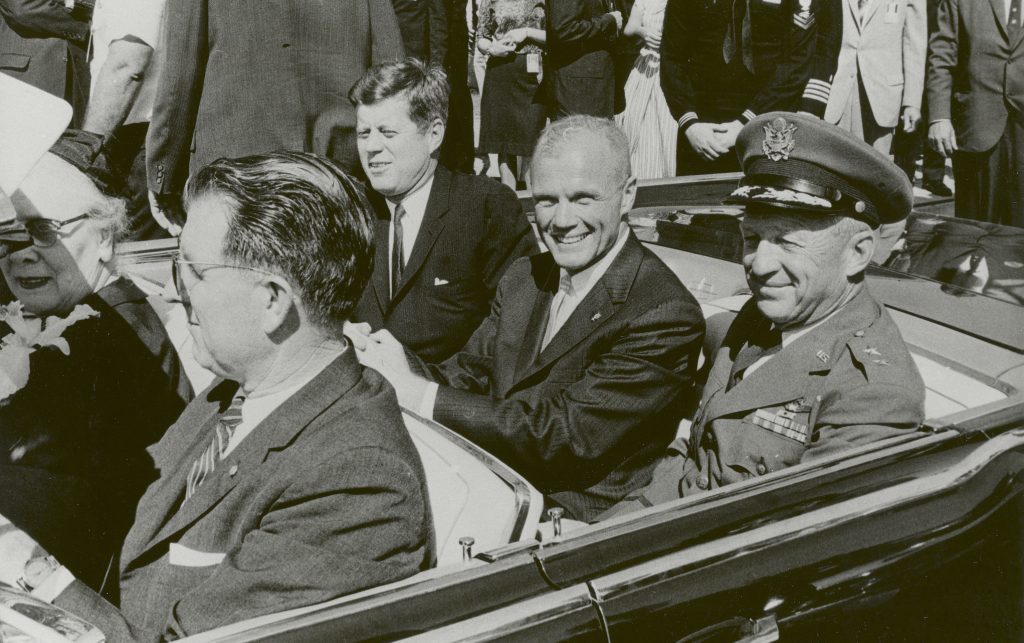 President John F. Kennedy (left), John Glenn and General Leighton I. Davis ride together during a parade in Cocoa Beach, Florida after Glenn's historic first U.S. human orbital spacefight. Photo courtesy NASA.