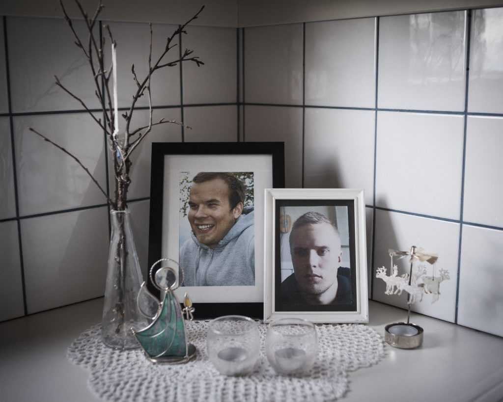 The corner in the kitchen is home to a memorial for Gustu and Heaika Marainen, who both took their own lives in 2014. Photo by Camilla Andersen