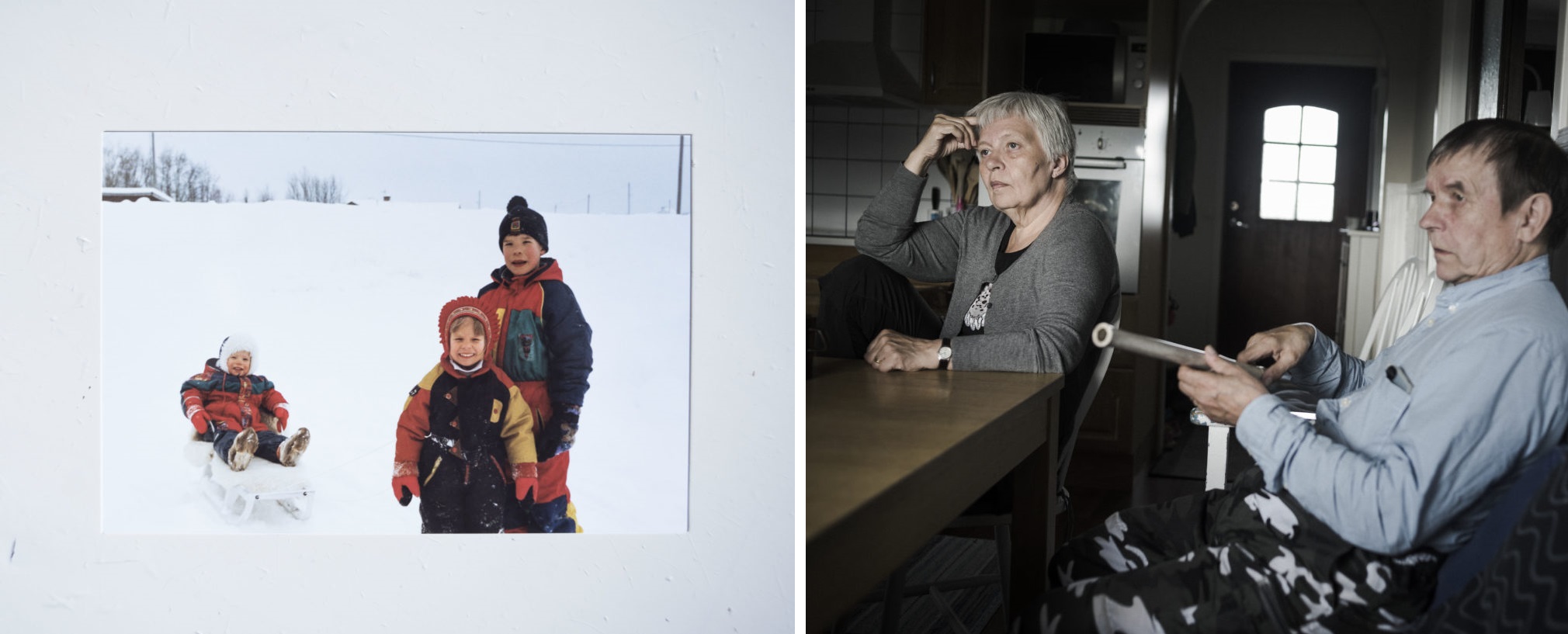 Left: A photo from the Marainen family album shows Heaika (left) and Gustu (right) playing in the snow as children. Right: Randi and Thomas Marainen sit in their kitchen in Nedre Soppero. Photos by Camilla Andersen