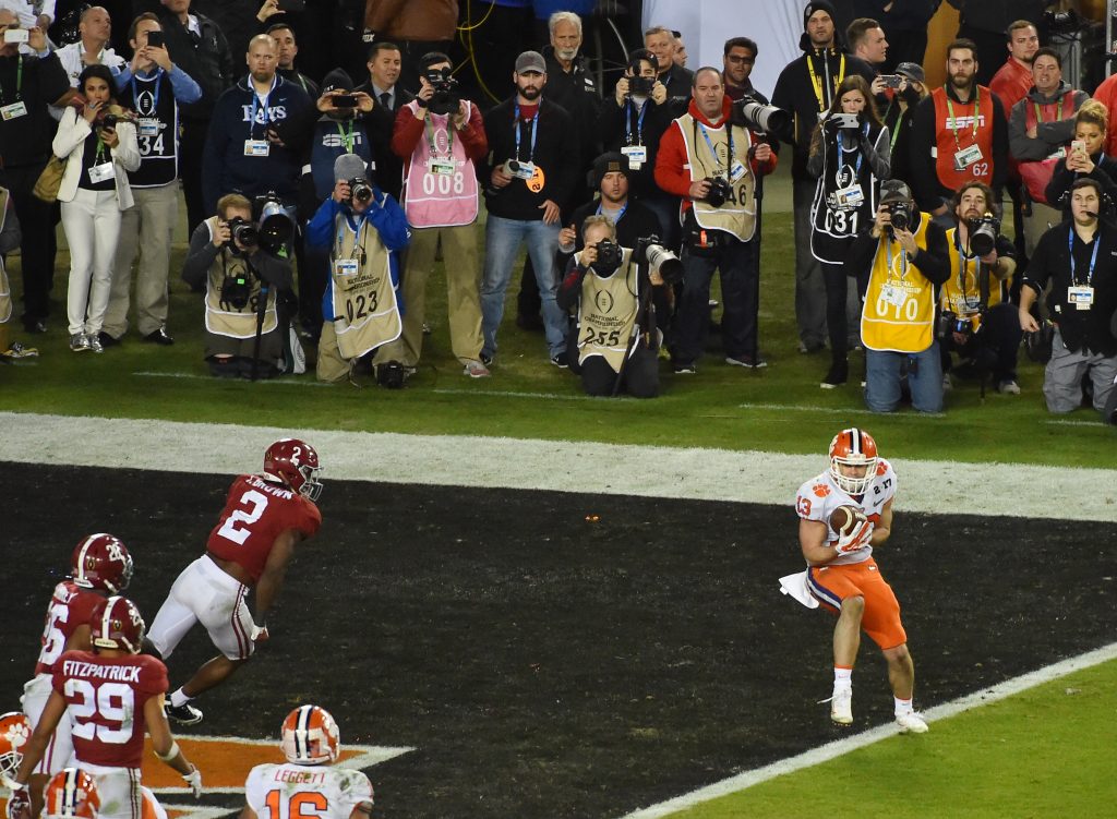 Clemson Tigers wide receiver Hunter Renfrow (13) catches a touchdown pass against the Alabama Crimson Tide in the fourth quarter in the 2017 College Football Playoff National Championship Game at Raymond James Stadium. Photo by Jasen Vinlove-USA TODAY Sports