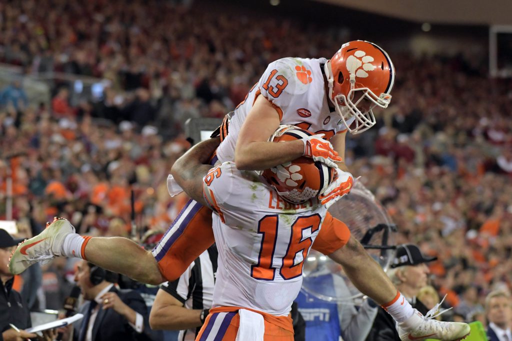 Jan 9, 2017; Tampa, FL, USA; Clemson Tigers wide receiver Hunter Renfrow (13) celebrates with tight end Jordan Leggett (16) after making a touchdown catch against the Alabama Crimson Tide during the fourth quarter in the 2017 College Football Playoff National Championship Game at Raymond James Stadium. Photo by Kirby Lee-USA TODAY Sports