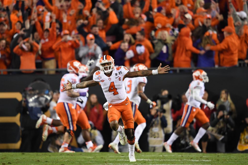 Clemson Tigers quarterback Deshaun Watson (4) celebrates during the fourth quarter against the Alabama Crimson Tide in the 2017 College Football Playoff National Championship Game at Raymond James Stadium. Photo by John David Mercer-USA TODAY Sports