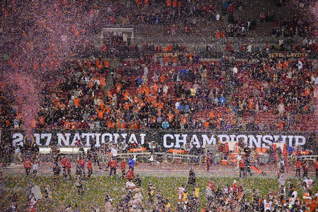 Confetti flies on the field after the Clemson Tigers defeated the Alabama Crimson Tide in the 2017 College Football Playoff National Championship Game at Raymond James Stadium. Photo by Jasen Vinlove-USA TODAY Sports