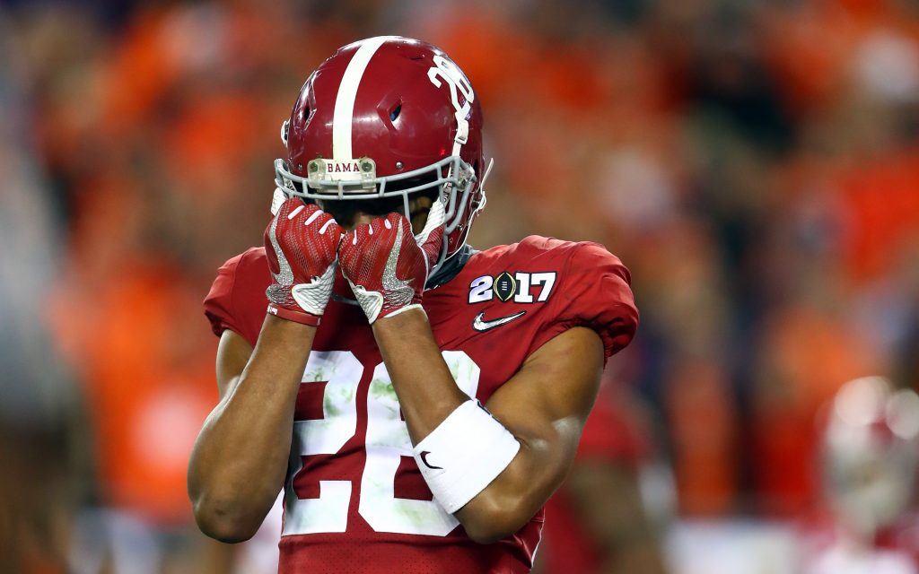 Alabama Crimson Tide defensive back Anthony Averett (28) reacts during the fourth quarter against the Clemson Tigers in the 2017 College Football Playoff National Championship Game at Raymond James Stadium. Photo by Mark J. Rebilas-USA TODAY Sports