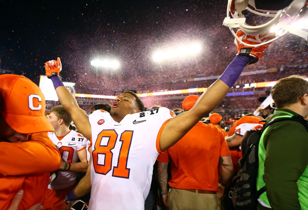 Clemson Tigers wide receiver Kanyon Tuttle (81) celebrates after beating the Alabama Crimson Tide in the 2017 College Football Playoff National Championship Game at Raymond James Stadium. Photo by Mark J. Rebilas-USA TODAY Sports