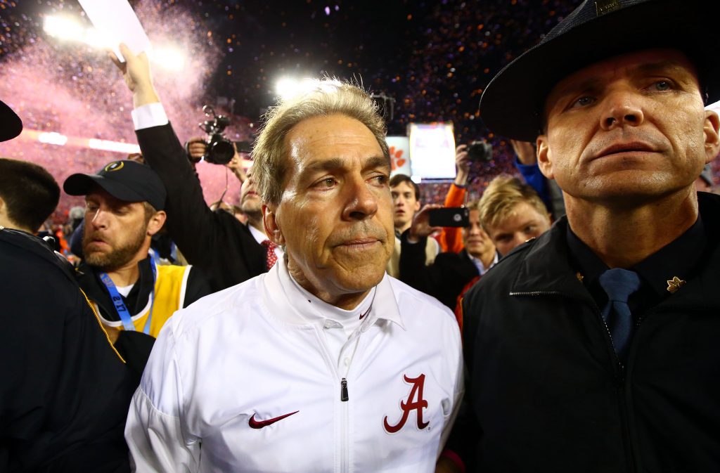 Alabama Crimson Tide head coach Nick Saban after the game against the Clemson Tigers in the 2017 College Football Playoff National Championship Game at Raymond James Stadium. Photo by Mark J. Rebilas-USA TODAY Sports