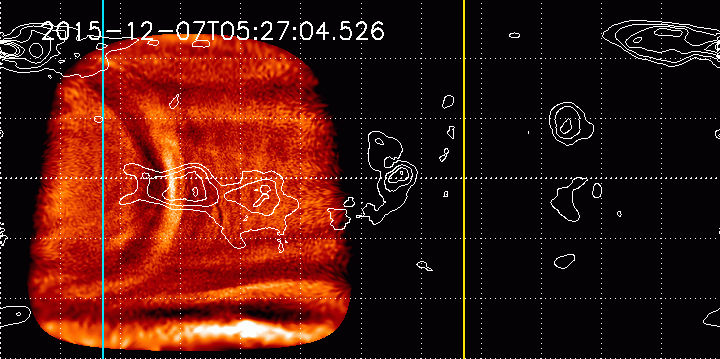 Sequential images of a stationary, bow-shaped wave in the clouds of Venus The cloud-top temperatures show stationary nature of the bow relative to the surface topography. The blue and yellow lines show the evening and morning terminators. Photo by ©Planet-C