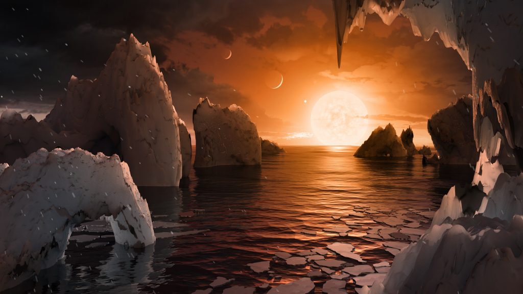 Imagine standing on the surface of the exoplanet TRAPPIST-1f. This artist's concept is one interpretation of what it could look like. Photo by NASA/JPL-Caltech