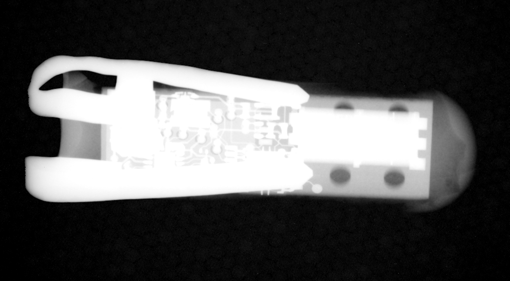 An X-ray scan reveals the circuitry within a electronic pill that can harvest energy and make core body temperature measurements. Photo by Jenny Haupt, Cody Cleveland and Phillip Nadeau