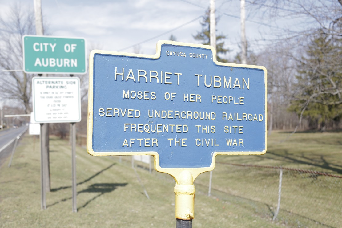 A historic marker rests in front of Harriet Tubman's property, which was made a National Historical Park in January. Michael D. Regan/PBS NewsHour 