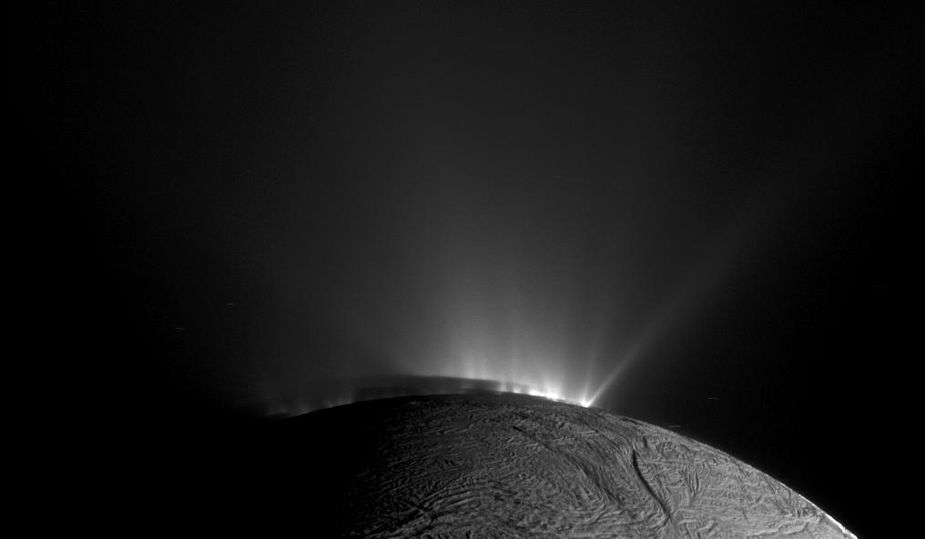 A picture of the ice plumes on Enceladus taken by Cassini. Photo by NASA