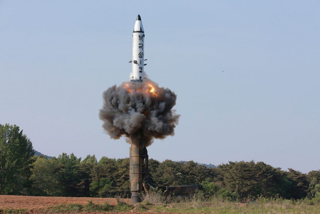 This undated photo of intermediate-range ballistic missile Pukguksong-2's launch test was released by North Korea's Korean Central News Agency (KCNA) on May 22, 2017. KCNA/via Reuters