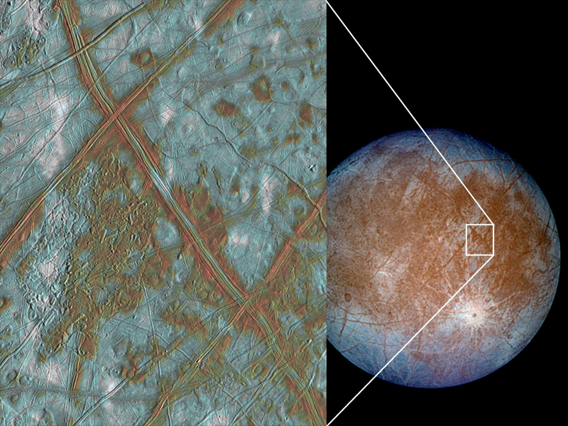 Fractures and lines in Europa’s icy surface, one of the first pieces of evidence for the existence of the moon’s ocean hidden beneath. Photo by NASA/JPL-Caltech/SETI Institute