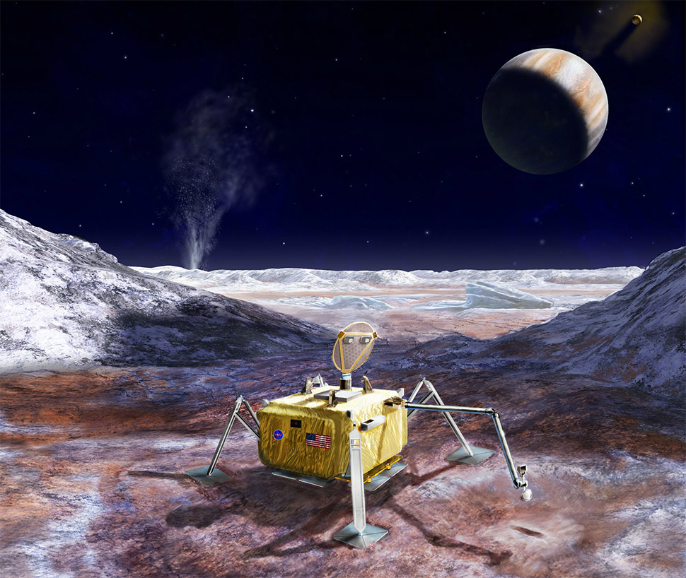 Artist concept of a possible future landing mission to the surface of Jupiter’s ocean-bearing moon, Europa. Photo by NASA