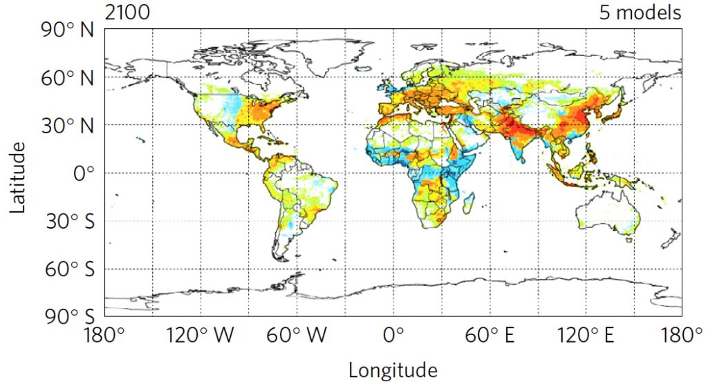 Estimates for mortality due to fine particulate matter in 2100. Photo by Silva RA et al., Nature Climate Change, 2017