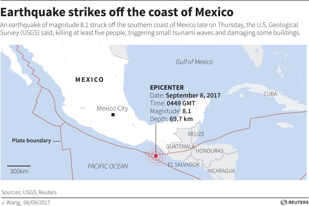 Map locating earthquake off the coast of Mexico. Chart by Reuters