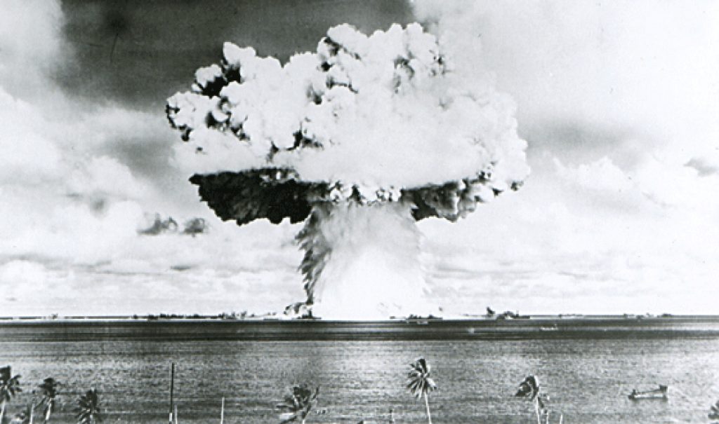 This U.S. Navy handout image shows Baker, the second of the two atomic bomb tests, in which a 63-kiloton warhead was exploded 90 feet under water as part of Operation Crossroads, conducted at Bikini Atoll in July 1946 to measure nuclear weapon effects on warships. Photo by REUTERS/U.S. Navy/Handout via Reuters 