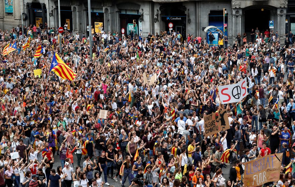 Protests continued in Barcelona days after the Catalonia independence referendum. Photo by Yves Herman/Reuters