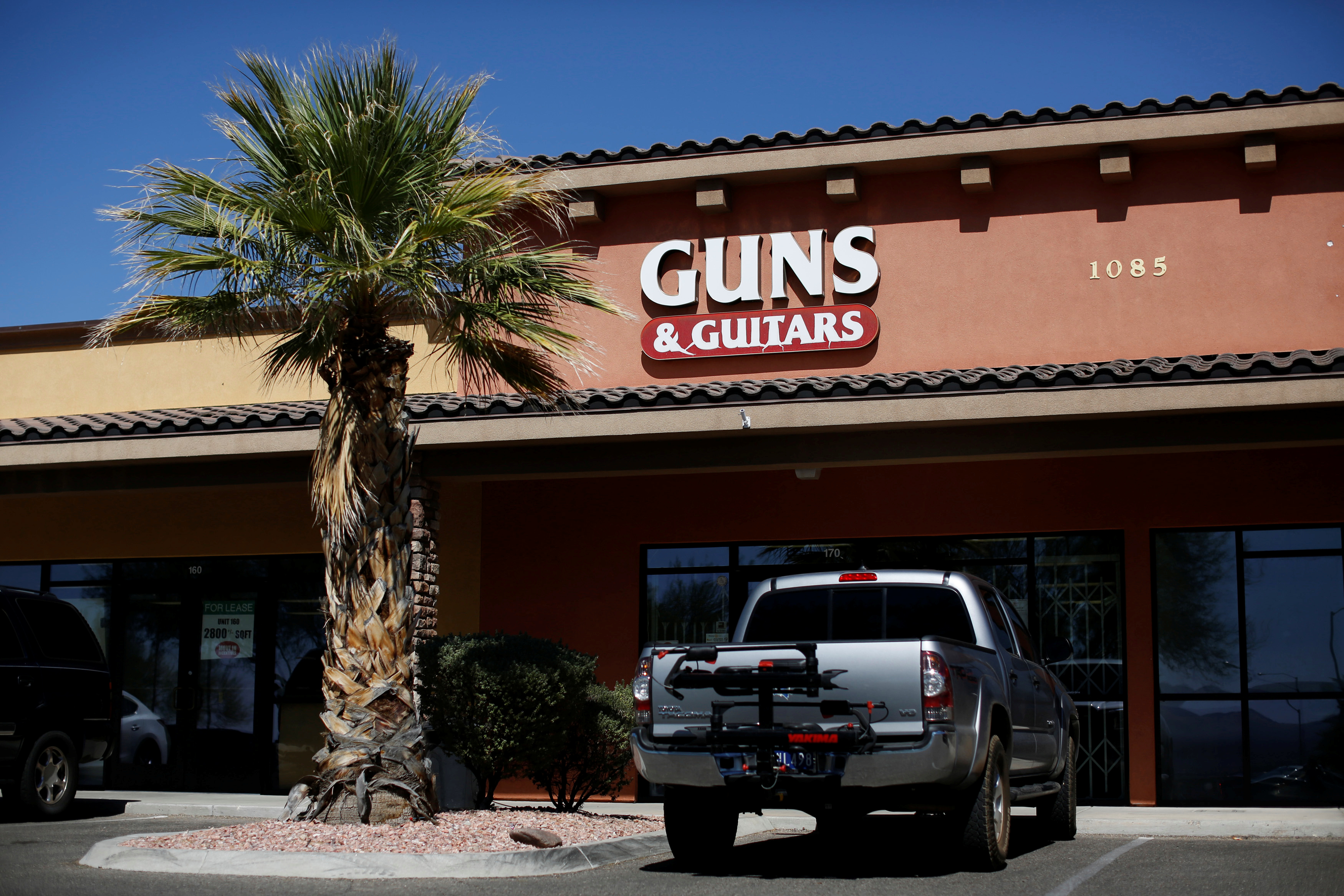 The Guns & Guitars shop where Stephen Paddock, the gunman who attacked the Route 91 Harvest Country Music Festival in a mass shooting in Las Vegas, was a customer, is pictured in Mesquite, Nevada, U.S., October 3, 2017. REUTERS/Chris Wattie - RC1B7CC90600