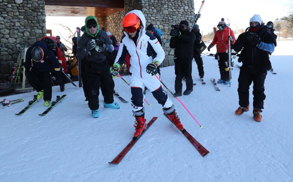 Mikaela Shiffrin of Team USA is seen at the Yongpyong Alpine Centre as the women's giant slalom at the Winter Olympics is postponed due to high winds. Photo by Stefano Rellandini/Reuters