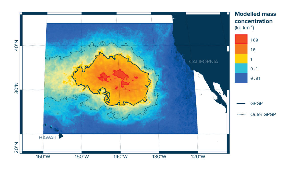 Model of the mass concentration of plastic in the Great Pacific Garbage Patch. Chart by The Ocean Cleanup