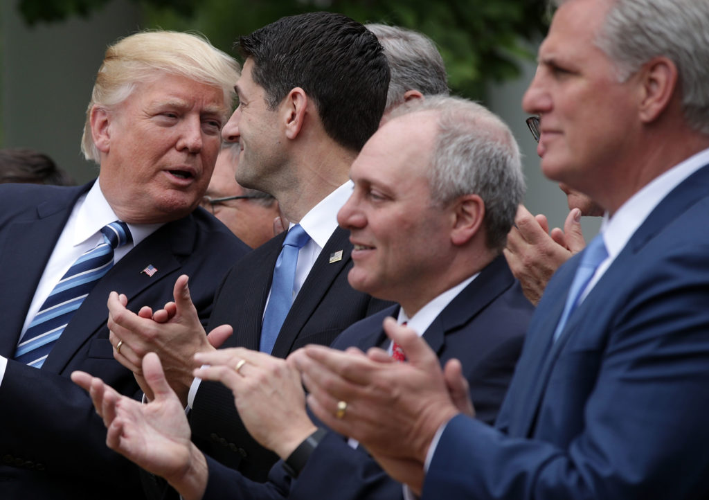WASHINGTON, DC - MAY 04: (L-R) U.S. President Donald Trump, Speaker of the House Rep. Paul Ryan (R-WI), House Majority Whip Rep. Steve Scalise (R-LA) and House Majority Leader Rep. Kevin McCarthy (R-CA) participate in a Rose Garden event May 4, 2017 at the White House in Washington, DC. The House has passed the American Health Care Act that will replace the Obama eraÕs Affordable Healthcare Act with a vote of 217-213. (Photo by Alex Wong/Getty Images)