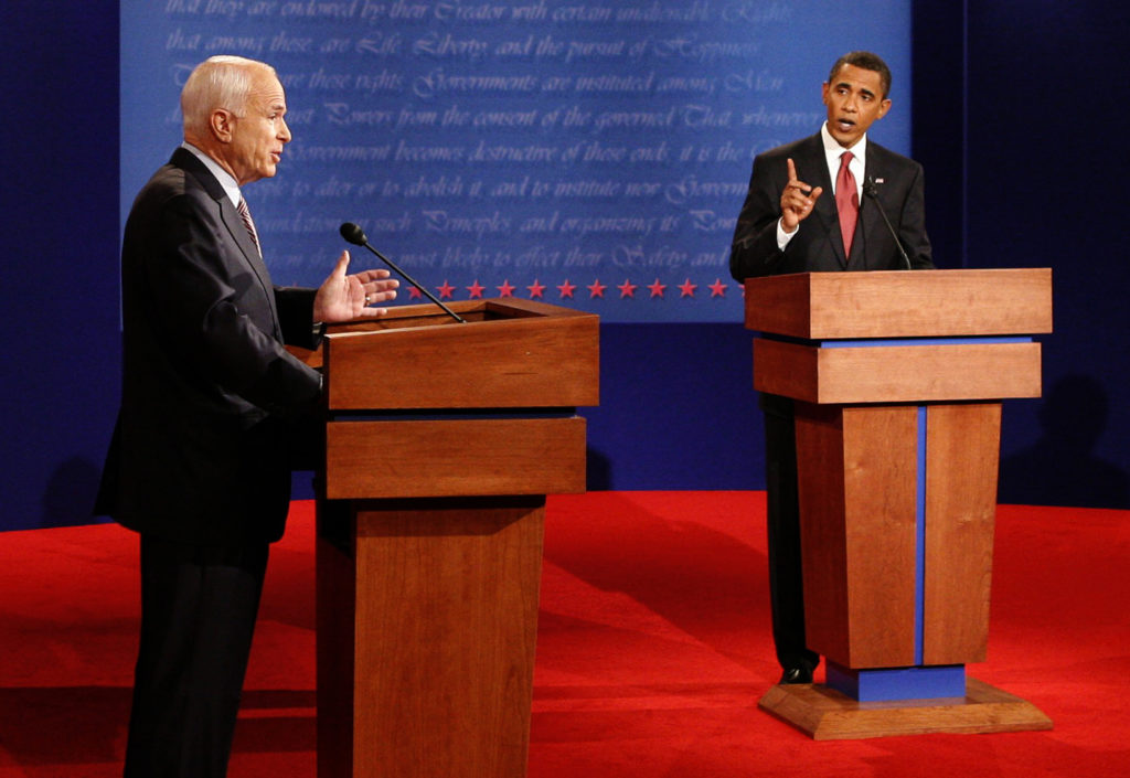 U.S. Republican presidential candidate John McCain (L) and U.S. Democratic presidential candidate Barack Obama (R) take part in the first U.S. presidential debate at the University of Mississippi in Oxford, Mississippi, September 26, 2008. REUTERS/Jim Bourg/Pool (UNITED STATES) US PRESIDENTIAL ELECTION CAMPAIGN 2008 (USA) - GF2E49R05J001