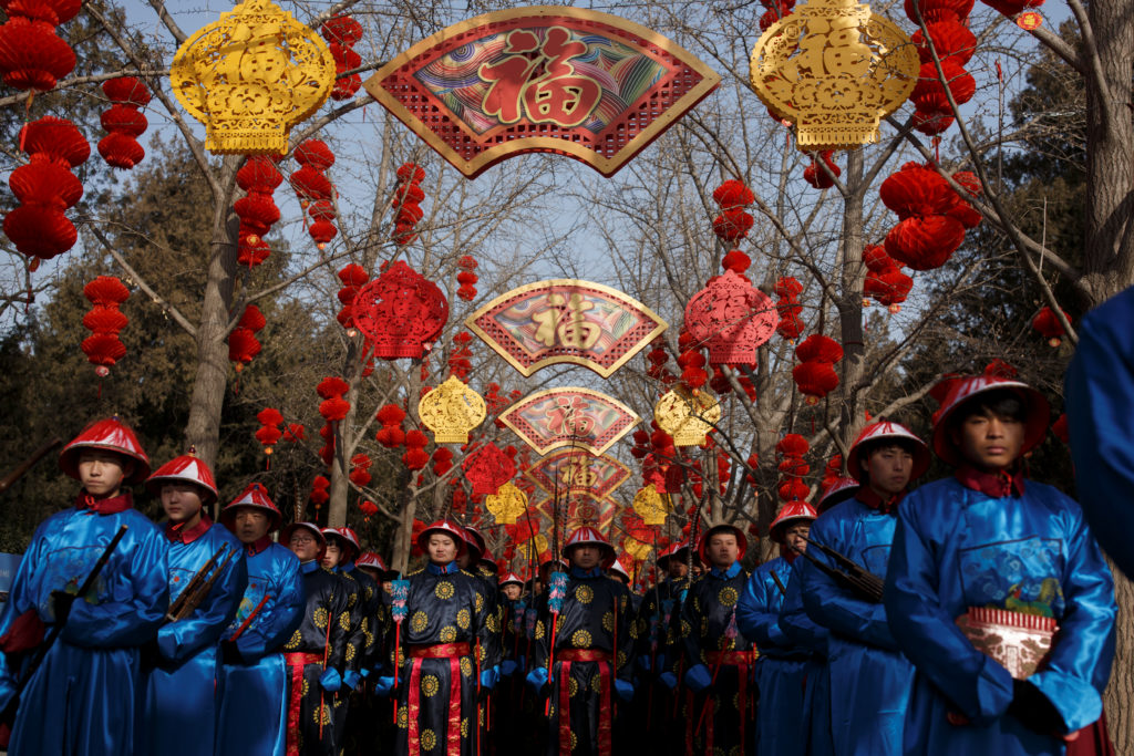 Performers rehearse a re-enactment of a Chinese New Year Qing Dynasty ceremony at the Temple of Earth in Ditan Park in Beijing on February 4, 2019. Photo by Thomas Peter/Reuters