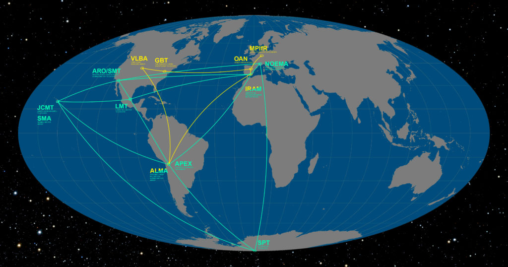 This infographic details the locations of the participating telescopes of the Event Horizon Telescope (EHT; green) and the Global mm-VLBI Array (GMVA; yellow). Their goal is to image, for the very first time, the shadow of the event horizon of the supermassive black hole at the centre of the Milky Way, as well as to study the properties of the accretion and outflow around the Galactic Centre. Map and caption by European Southern Observatory/O. Furtak