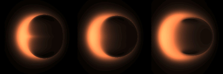 General relativity predicts that the shadow should be circular (middle), but a black hole could potentially also have a prolate (left) or oblate (right) shadow. The Event Horizon Telescope will test this prediction. Simulated image by D. Psaltis and A. Broderick. Caption by European Southern Observatory