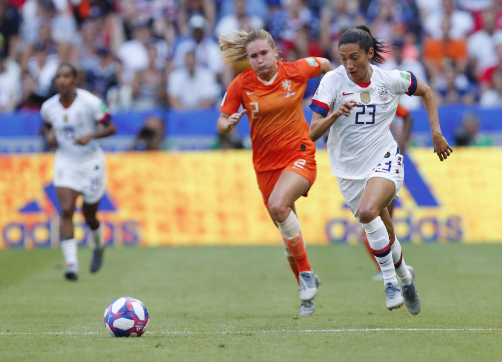 United States forward Christen Press (23) chases the ball with Netherlands defender Desiree van Lunteren (2) during the second half in the championship match of the FIFA Women's World Cup France 2019 at Stade de Lyon. Current and former U.S. soccer players are suing the U.S. Soccer Federation for equal pay. Photo by Michael Chow-USA TODAY Sports