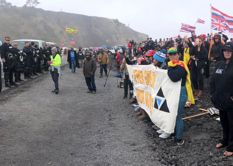 Protesters led by native Hawaiian elders take part in a protest against the building of a giant new telescope on what they considered sacred ground at the summit of Mauna Kea volcano, on Big Island, Hawaii, on July 17, 2019. Photo by Ryan Finnerty/Hawaii Public Radio via Reuters
