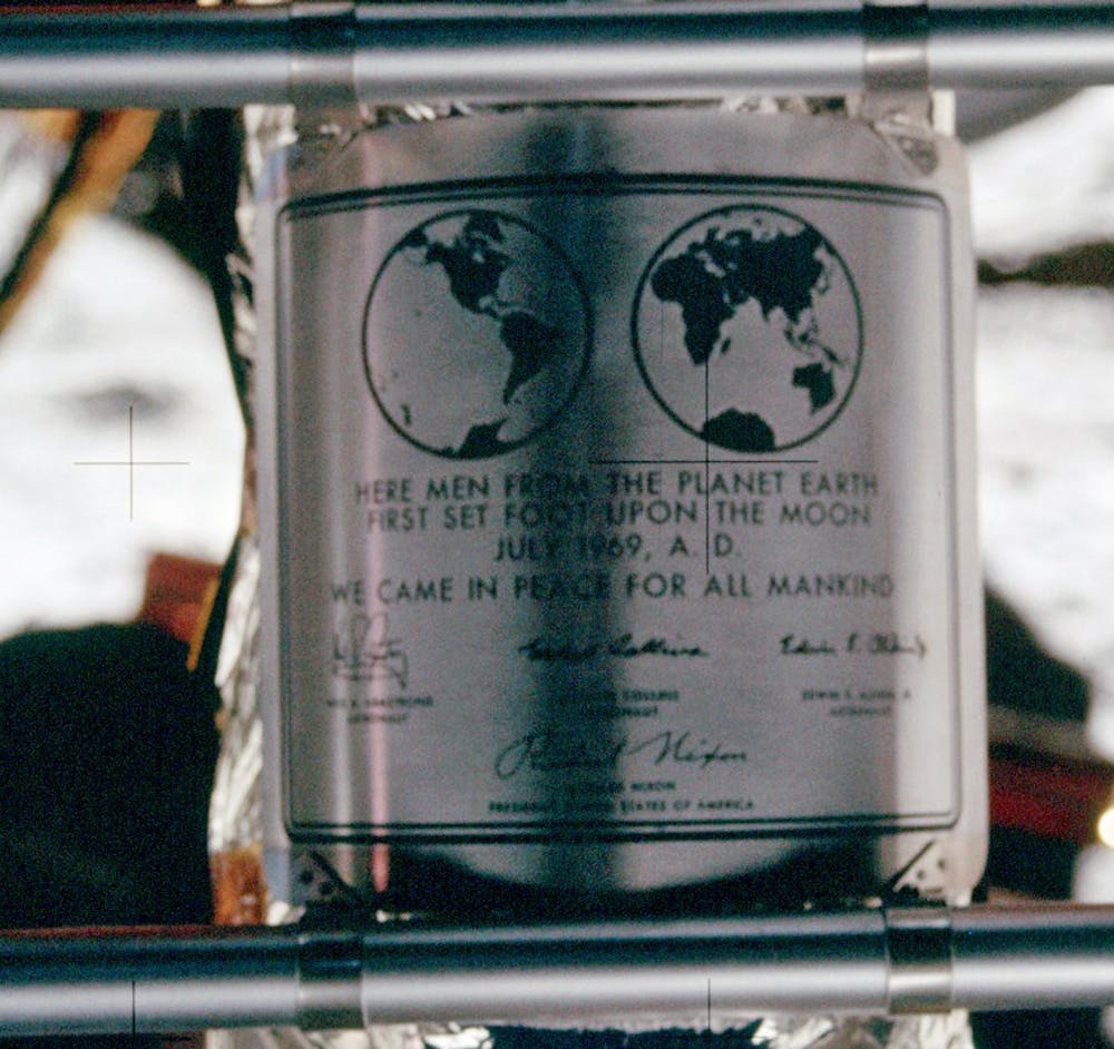 The Apollo 11 lunar module shows the stainless steel dedication plaque. The signatures are of the three Apollo 11 crew members and President Richard Nixon. Photo by NASA