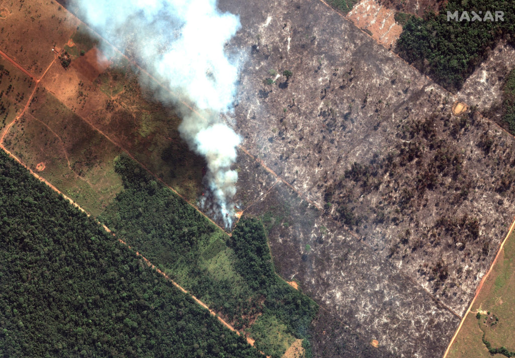 A satellite image shows smoke rising from Amazon rainforest fires in the State of Rondonia, just southwest of Porto Velho, Brazil in the upper Amazon River basin on August 15, 2019. Photo credit Satellite image ©2019 Maxar Technologies/Handout via Reuters